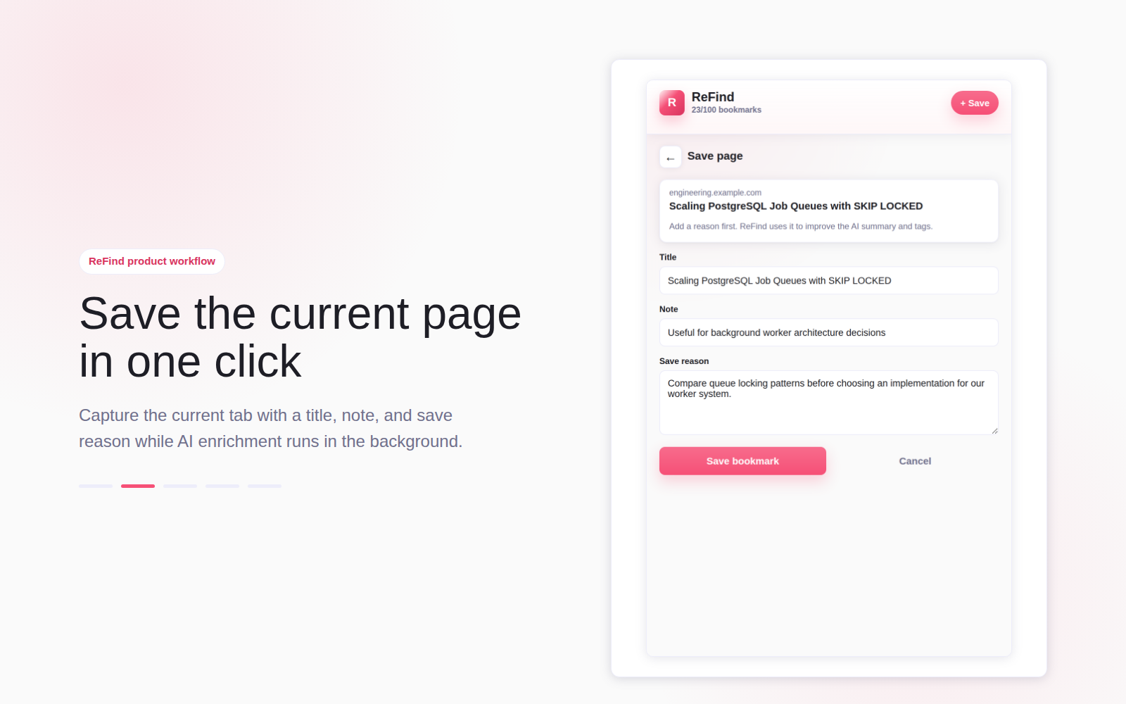 ReFind save page screen with title, URL, note, and save reason