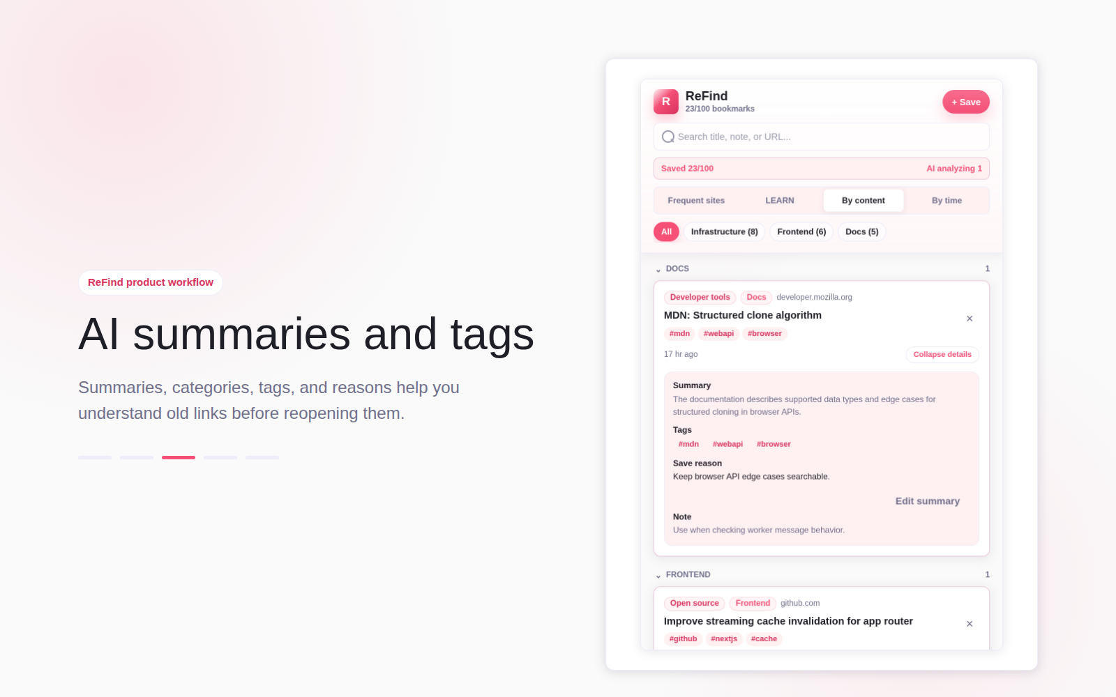 ReFind AI summary, tags, and category screen